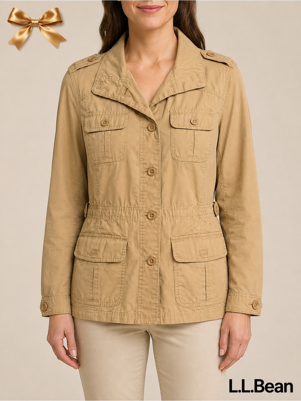 L.L.Bean Cotton Safari Utility Field Jacket Khaki Tan M Regular